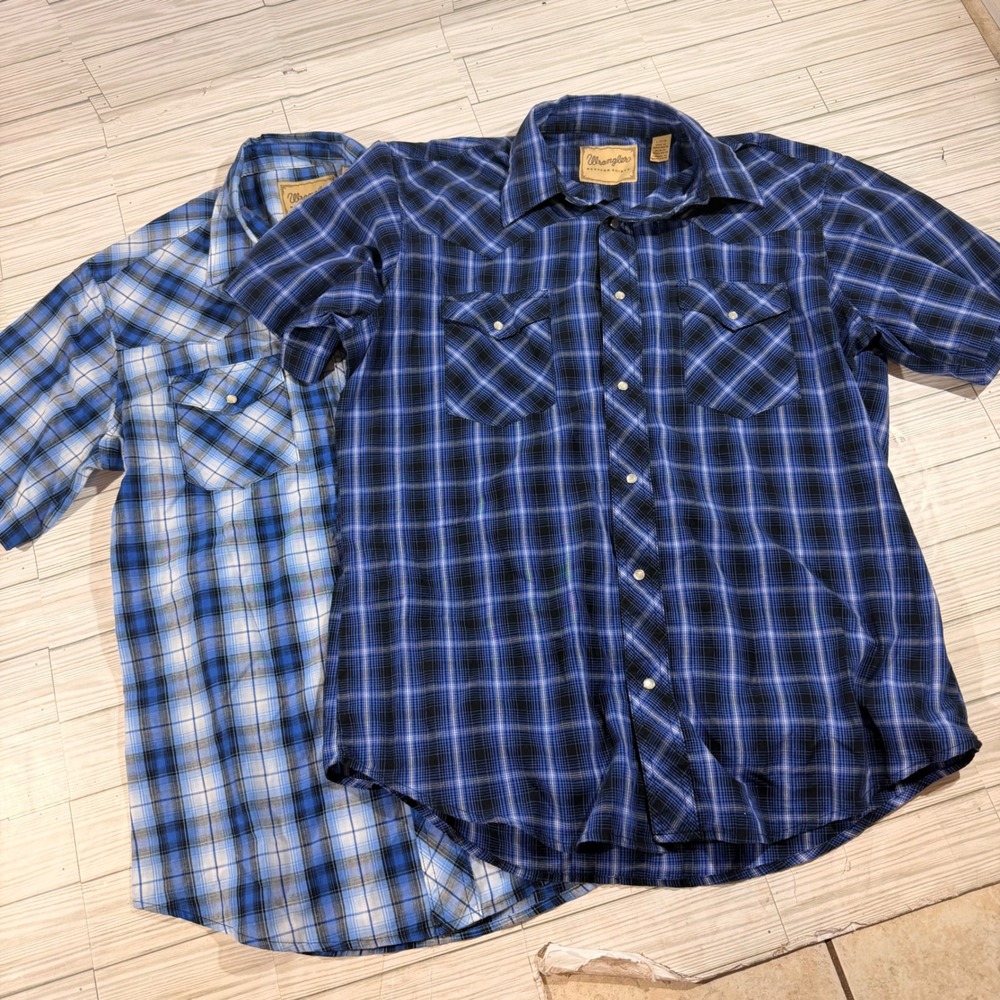 Lot of 2 Wrangler Western Shirts Mens Large Blue Plaid Pearl Snap Short Sleeve